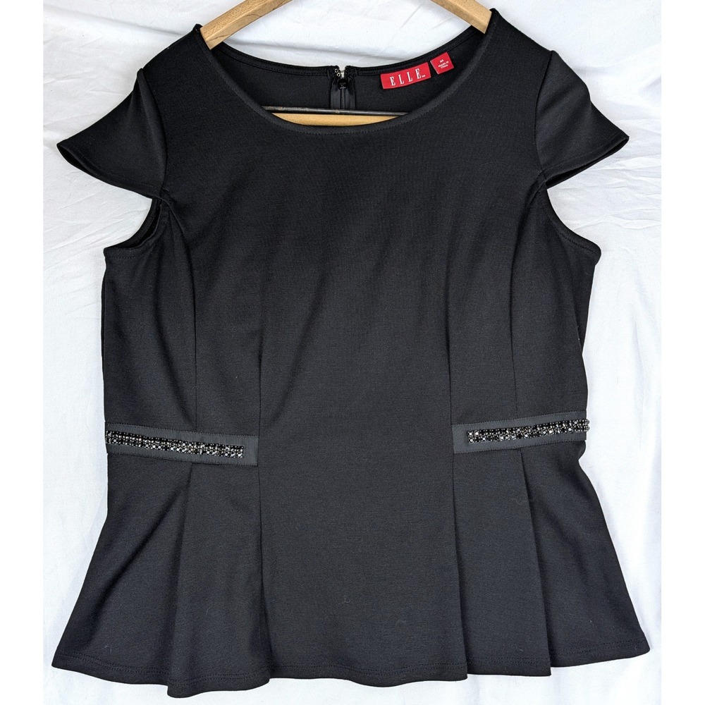 Elle Womens Black Peplum Top Rhinestone Waist Cap Sleeve Blouse Size M